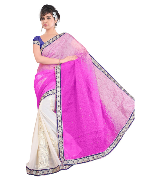 Buy Online Pink And White Designer Saree